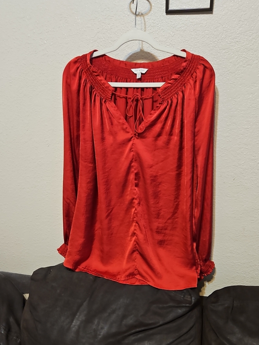 Lucky Brand Red Satin Peasant Blouse with Smocked Neck